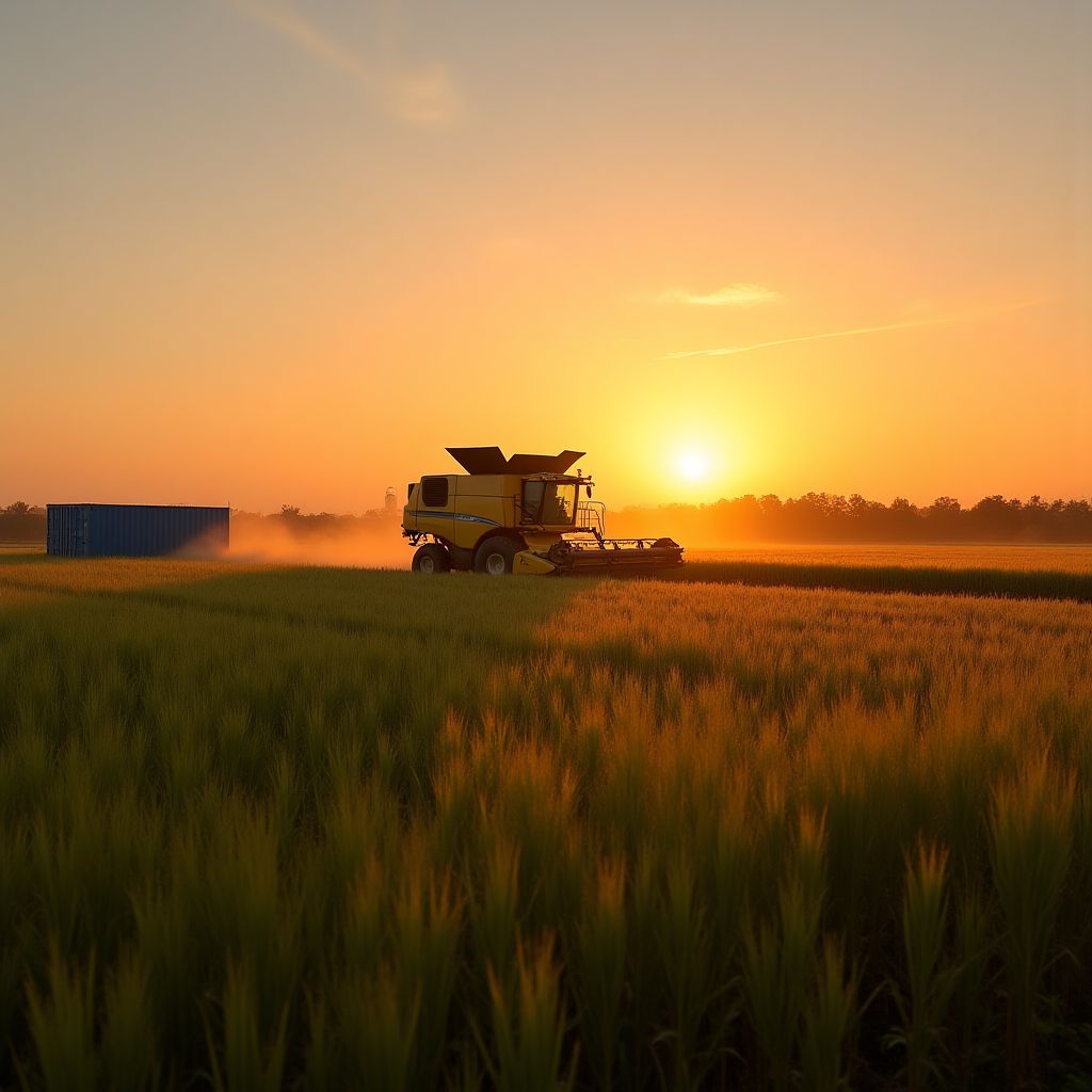Campo de soja en Argentina con equipos de cosecha modernos